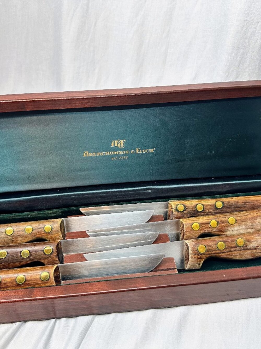 Abercrombie & Fitch STEAK KNIFE SET France 6pcs Stainless Steel Walnut Case